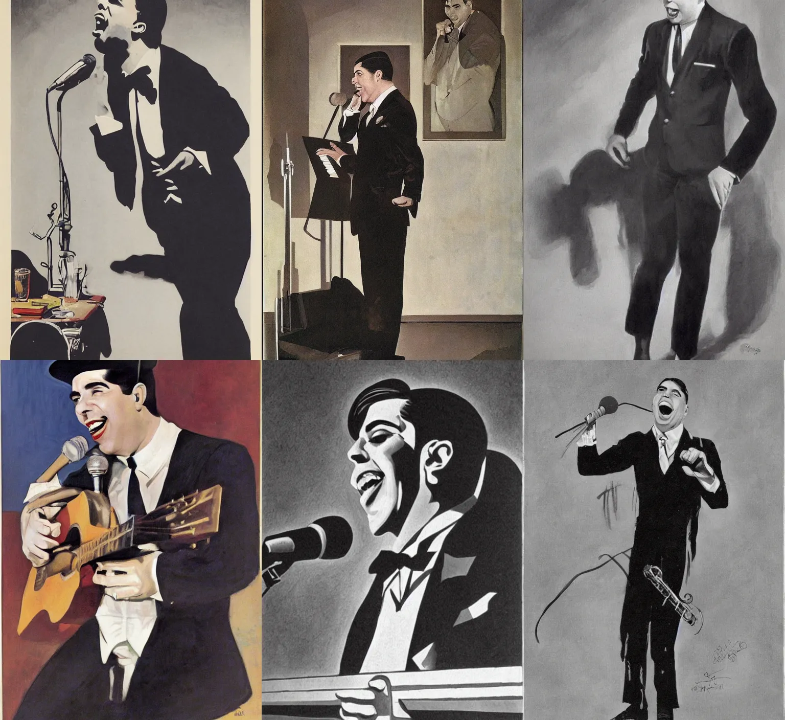 Prompt: Portrait of Carlos Gardel singing , by John Philip Falter