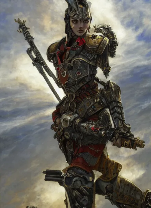 Image similar to symmetry!! closeup of a beautiful biblical diabolical samurai girl holding a rifle, cyborg armor, in clouds, cinematic studio light, windy, sunrise, by gerald brom, by mikhail vrubel, by peter elson, muted colors, extreme detail, trending on artstation, 8 k