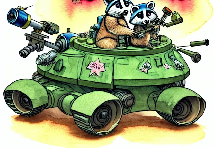 Image similar to cute and funny, racoon wearing army helmet riding in a tiny tank with large cannon, ratfink style by ed roth, centered award winning watercolor pen illustration, isometric illustration by chihiro iwasaki, edited by range murata