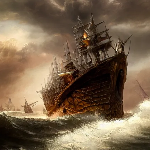 Prompt: An ancient burning ship on a stormy sea, matte painting, highly detailed, trending on artstation