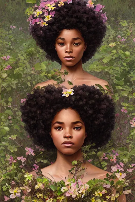 Image similar to ultra realistic illustration, black american girl with flowers blossoming from her afro, body covered in leaves, beautiful, elegant, highly detailed, digital painting, concept art, smooth, sharp focus, illustration, art by artgerm and greg rutkowski and alphonse mucha