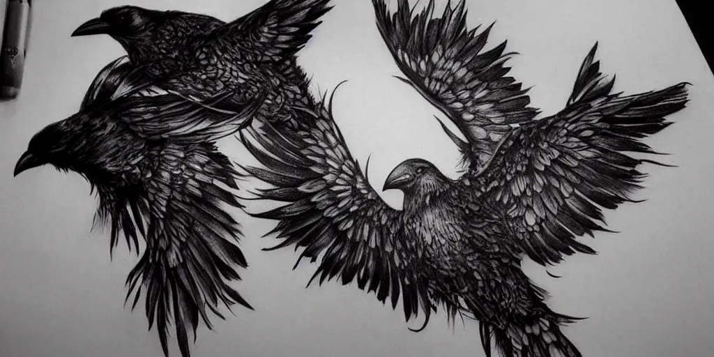 Prompt: realistic tattoo designs drawn on paper, dark crow, cry, scream, golden, goddess, delicate, hyper realism, tim burton, ink, ultra realistic, 8 k