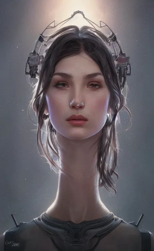 Image similar to portrait of a grey alien, pretty, confident, intricate, headshot, highly detailed, digital painting, artstation, concept art, sharp focus, cinematic lighting, illustration, art by artgerm and greg rutkowski, alphonse mucha, cgsociety