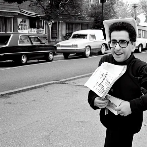 Image similar to a picture of kevin mitnick dressed as a paper boy from the 6 0 s, canon, black and white, high resolution