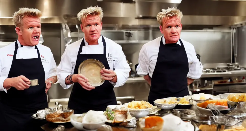 Image similar to gordon ramsay and gordon ramsay nervously showing the camera a dish that each of them prepared