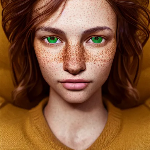 Image similar to intricate crisp portrait of a cute thin young woman, light bronze brown hair, very detailed emerald green eyes, red blush, light freckles, soft smile, casual clothes, relaxing on the couch, home interior, golden hour, close up shot, 8 k, art by irakli nadar, hyperrealism, hyperdetailed, ultra realistic