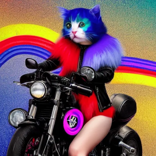 Image similar to wide angle full body, jacket wearing fluffy cute rainbow kitten wearing a black leather motorcycle jacket, riding on a motorcycle, cinematic concept art