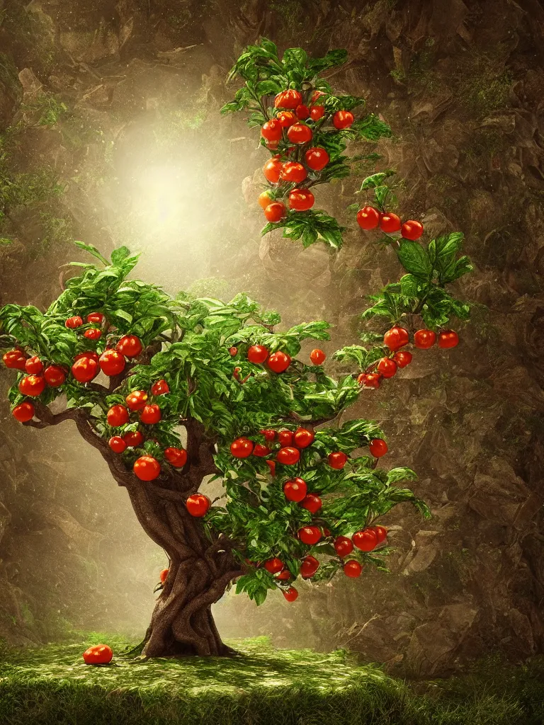 Image similar to highly detailed 3 d render of a mythical tree with sparse leaves of tomato, mozzarella, basil, hyper realistic octane render, cinematic lighting, deviantart, lowbrow, surrealism, pixar still