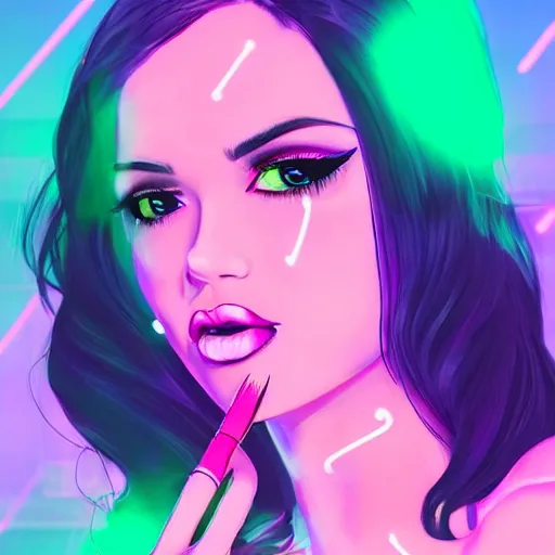 Image similar to confident woman, making a V sign hand gesture, hand on hip, gradient hair, heavy winged eyeliner, long fake lashes, overlined lipstick, subtle blush, mouth open with tongue sticking out, cross-eyed, in a neon lit sci-fi bar, trending on Artstation, digital art, in the style of artgerm and WLOP