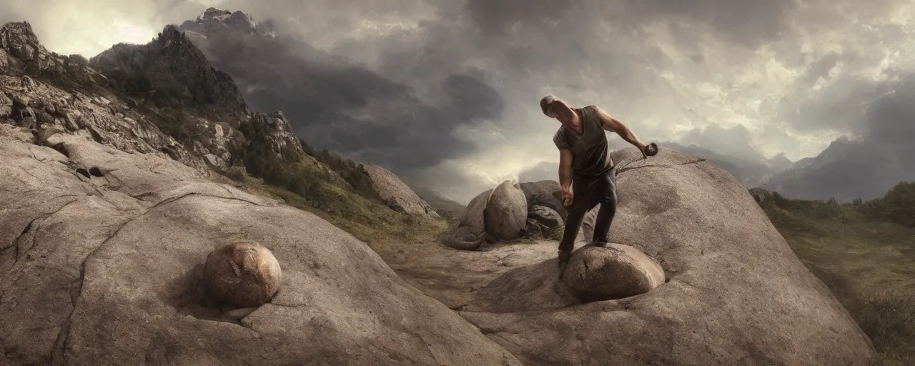 Prompt: a man is pushing a large and round boulder up a mountain, the stone is rolling up, sisyphus looks tired and dejected, the mountain is steep, melancholic mood, photo realistic, 8k, HDR, ultra detailed, close up shot, movie poster, cinematic composition, trending on artstation