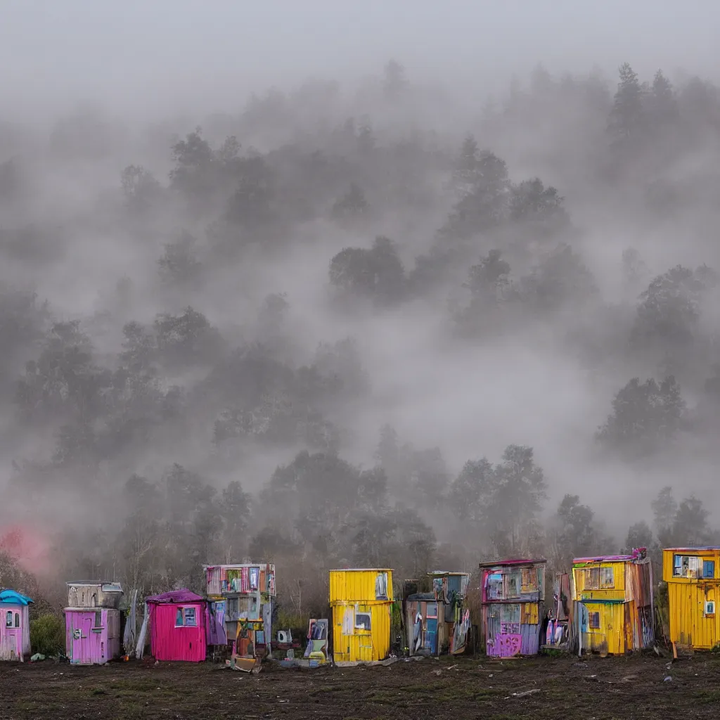 Image similar to two towers, made up of colourful makeshift squatter shacks, uneven fog, dystopia, sony a 7 r 3, f 1 1, fully frontal view, photographed by jeanette hagglund