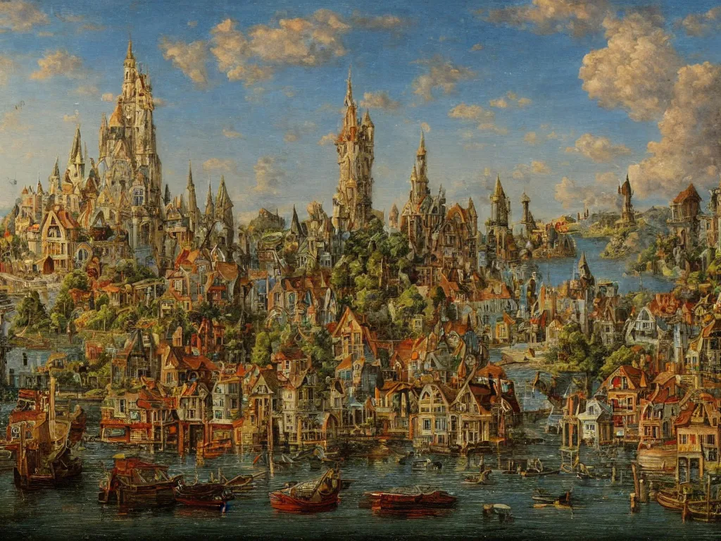 Image similar to an old enchanted fantasy town, viewed from the harbor, by jean - baptist monge,