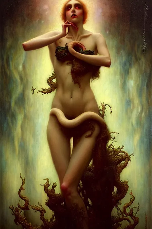 Image similar to life exists at the edge of chaos infected by night by tom bagshaw in the style of a modern gaston bussiere, alphonse muca, victor horta, steichen. anatomically correct. extremely lush detail. masterpiece. melancholic scene infected by night. perfect composition and lighting. sharp focus. high contrast lush surrealistic photorealism.