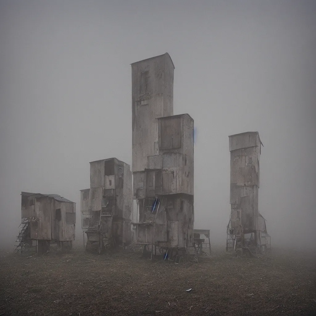 Image similar to two towers, made up of makeshift squatter shacks with faded colours, uneven dense fog, dystopia, mamiya, f 1 1, fully frontal view, photographed by jeanette hagglund