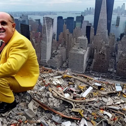 Image similar to a wide shot of a very drunk evil Rudy Giuliani squatting smiling wearing a yellow speedo on top of the world trade center rubble pile in new york