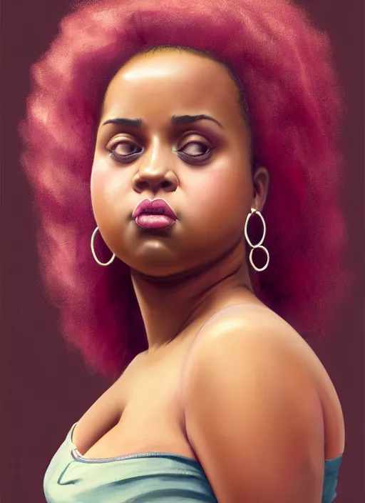 Image similar to full body portrait, teenage vanessa morgan, pink hair, brown skin, obese, curly pixie hair, sultry, realistic, short hair, hoop earrings, skirt, shirt, fat, belly, intricate, elegant, highly detailed, digital painting, artstation, concept art, smooth, sharp focus, illustration, art by wlop, mars ravelo and greg rutkowski