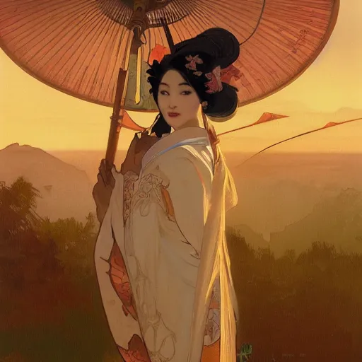 Image similar to matte painting of a geisha on sunset, alphonse mucha, james gurney, greg rutkowski, john howe, artstation