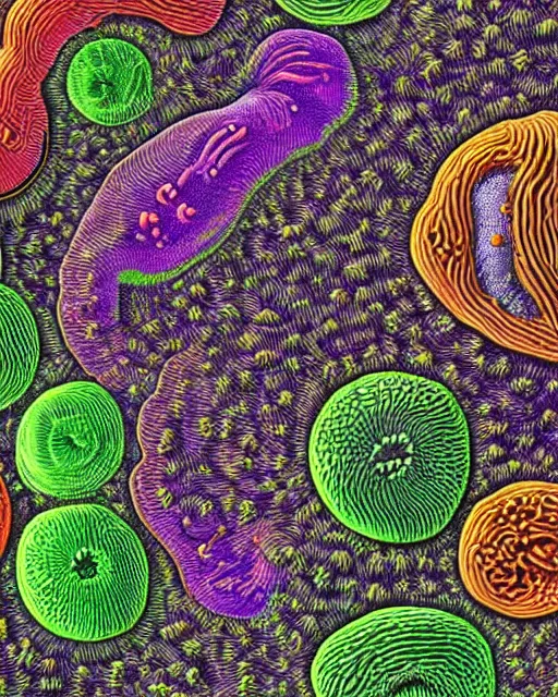 Image similar to Escherichia coli, close up details, drawn by Ernst Haeckel, colorful, beeple rendering