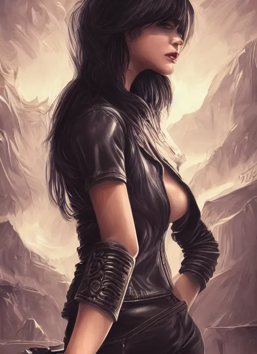 Prompt: a black haired woman in a leather jacket, muscular upper body, abs, d & d, fantasy, intricate, elegant, highly detailed, digital painting, artstation, concept art, smooth, sharp focus, illustration, art by cyril rolando