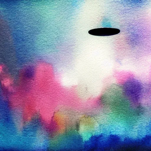 Image similar to low - angel view, from 1 0 0 0 meters in the distance, vague uap interstellar vehicle on top of an ephemeral rainbow in the sky, muted watercolor. minimalist, detailed, heavy under paint, muted colors. ue 5