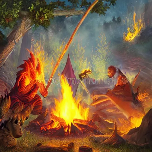 Image similar to dragons roasting kebabs near campfire, fire, magic, power metal album cover, fantasy epic legends game icon stylized digital illustration radiating a glowing aura global illumination ray tracing hdr fanart arstation by ian pesty and katarzyna da „ bek - chmiel