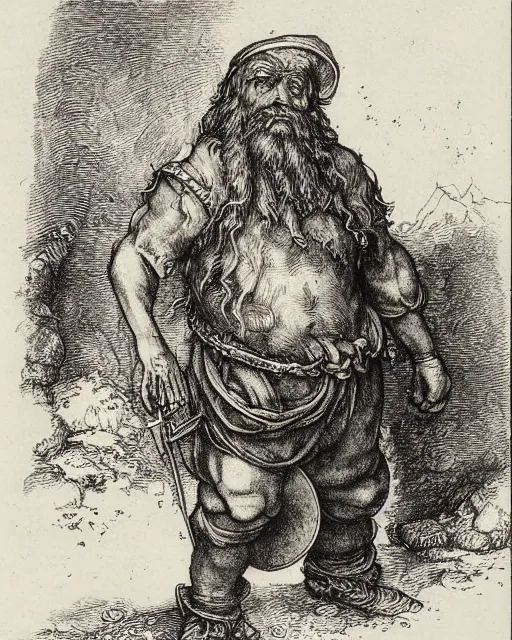 Prompt: an engraving of a tudor fantasy halfling dwarf miner by albrecht durer, gustave dore, highly detailed, lithoraph engraving, tatterdemalion