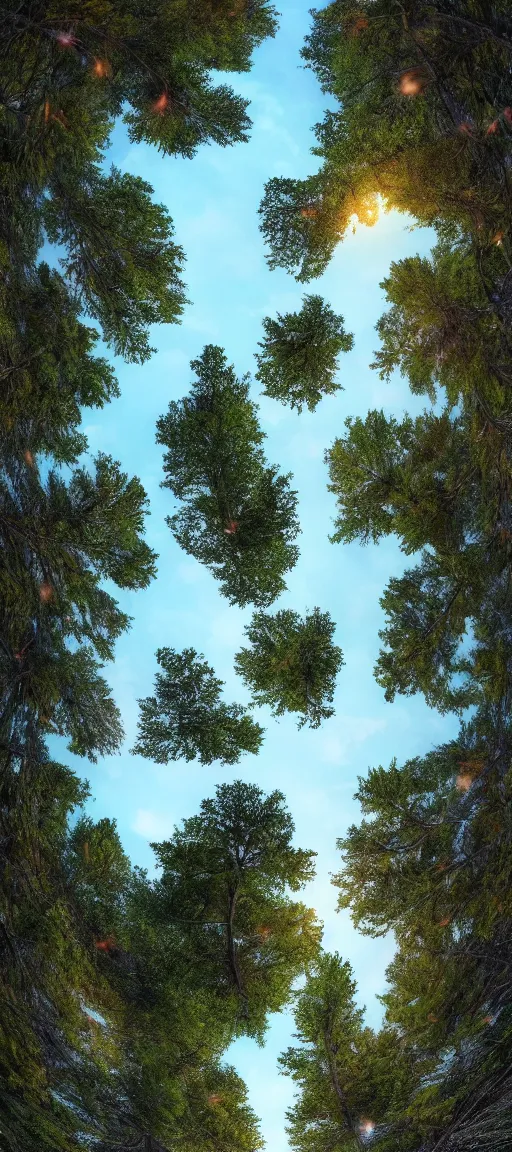 Prompt: vertical panoramic shot of an anime character, looking up, tall trees, nighttime with fireflies in the trees, young character, trending on artstation, digital art