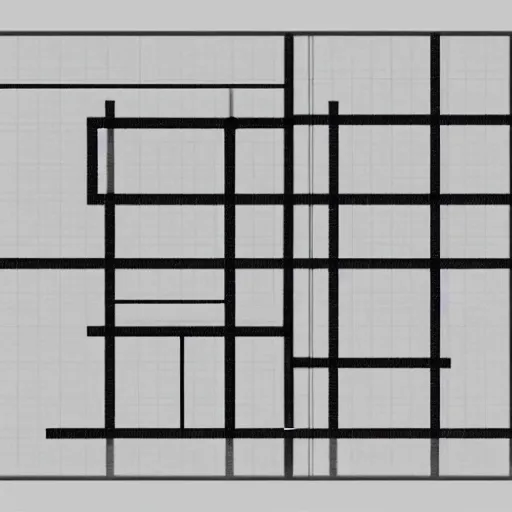 Prompt: tadao ando in the style of piet mondrian in a schematic, blueprint, monochromatic