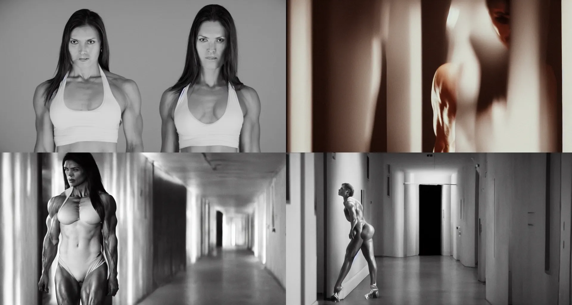 Prompt: A very muscular woman in white, dark hallway at midnight, Close up, Front view, film still