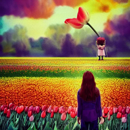 Image similar to large tulip in front of face, girl standing in a flower field, surreal photography, sunrise dramatic light, impressionist painting, colorful clouds, digital painting, artstation, simon stalenhag, flower face