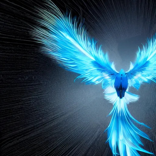 Prompt: blue phoenix bird, his feathers are electrical discharges, it's flying between a storm, high - quality, realistic, the figure is on the center of the picture