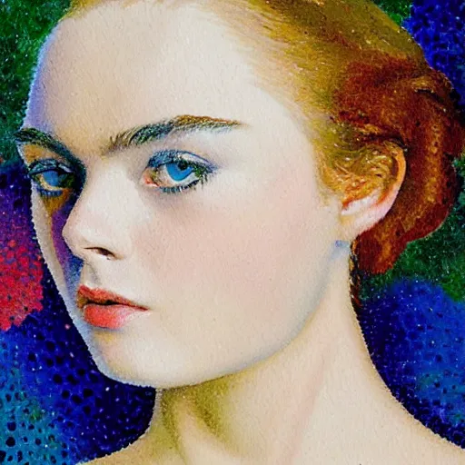 Prompt: professional painting of Elle Fanning in Prey the style of Henri-Edmond Cross, head and shoulders portrait, symmetrical facial features, smooth, sharp focus, illustration, intricate, stormy weather, extremely detailed masterpiece,