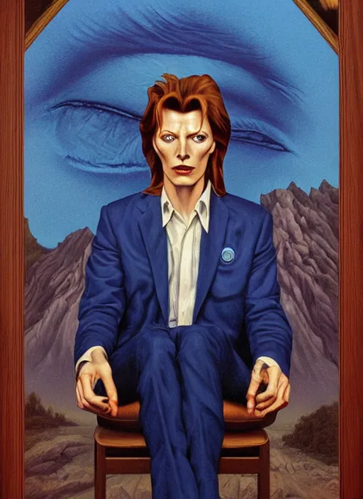 Image similar to twin peaks poster art, portrait of david bowie contemplating lois duffy, who said'i'm like the blue rose'before dying and disappearing, by michael whelan, rossetti bouguereau, artgerm, retro, nostalgic, old fashioned