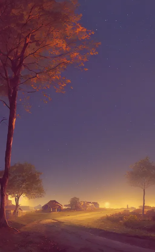 Prompt: small village at night. Country road, country landscape, trees. wide view, desolate. digital illustration, very vibrant colors, soft lighting, adventurous, atmospheric lighting, 8K, octane render. By Makoto Shinkai, Stanley Artgerm Lau, WLOP, Rossdraws, James Jean, Andrei Riabovitchev, Marc Simonetti, krenz cushart, Sakimichan, D&D trending on ArtStation, digital art.