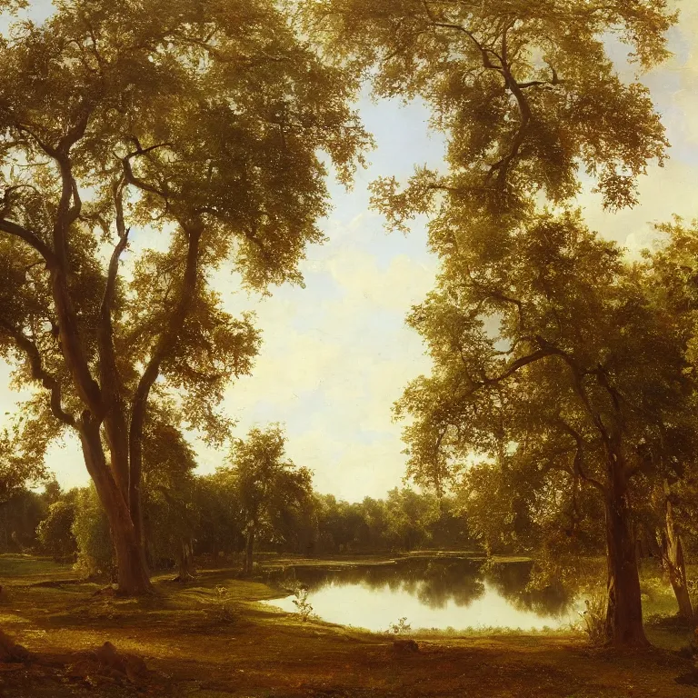 Prompt: banyan trees by the pond, oil on the canvas, autumn, by ivan ivanovich shishkin, 4 k