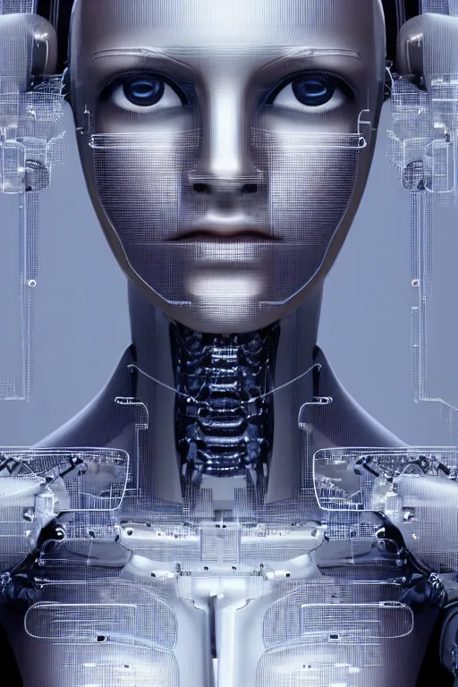 Image similar to robot with human face, female head, full body angle, woman human face, human face realistic, beautiful blonde hair, human head, human head with blonde hair, blonde hair human head, blonde hair, human realistic face, human head skin, cyborg frame concept, cyborg by ales-kotnik, sci-fi android female, the body is made of wires, robotic body, cyborg body, cyborg bust body, robot body cyborg, full body