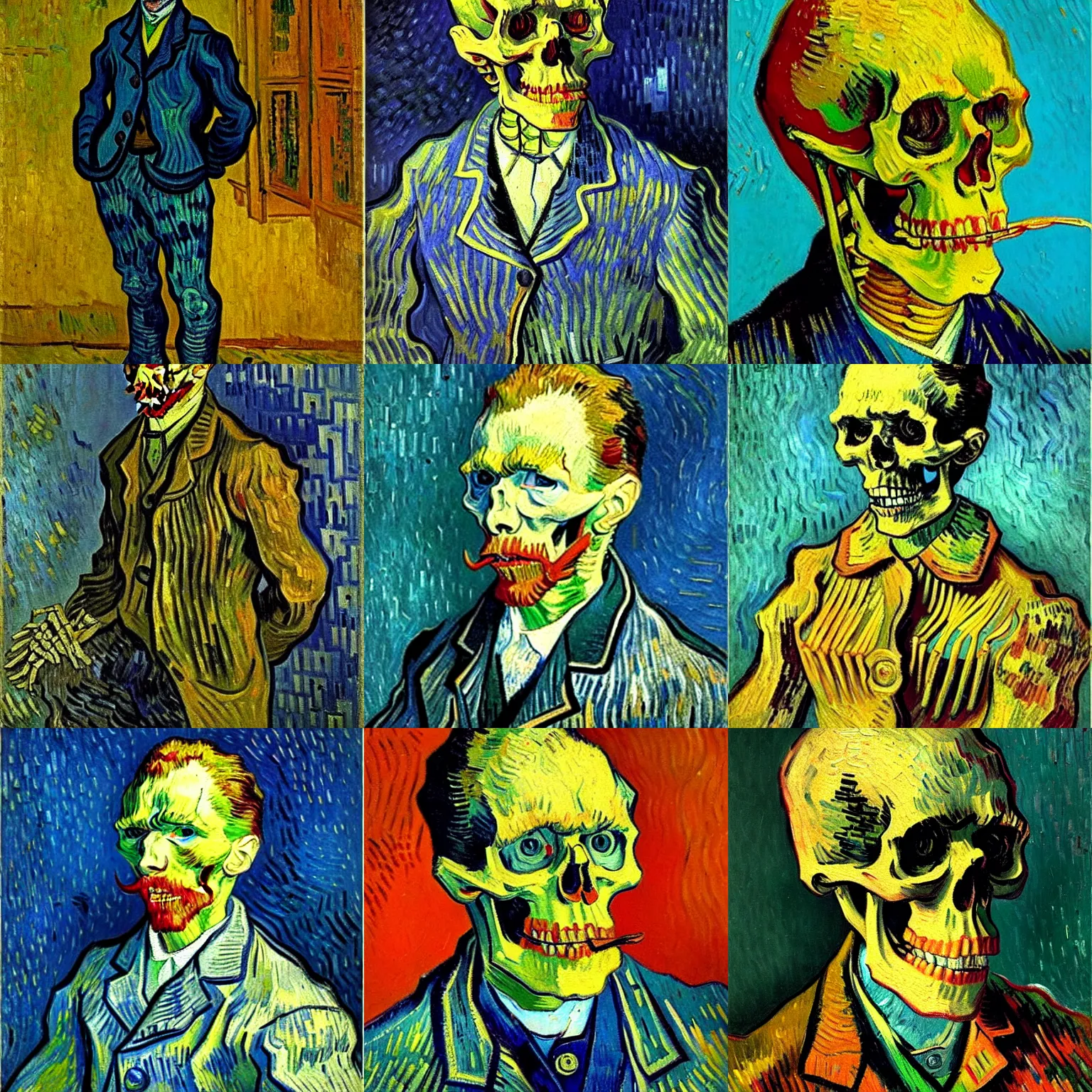 Prompt: detailed expressionist oil painting portrait by van gogh of a skeleton in a suit, 8 k resolution, smooth, sharp focus, matte painting