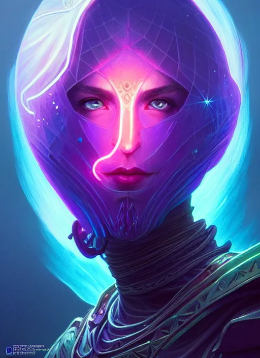 Image similar to a knight faceless glowing liquefied stardust adventurer, dnd fantasy character, full body portrait, glowing neon skin, magical aura, ultra realistic, intricate, elegant, highly detailed, digital painting, artstation, smooth, sharp, focus, illustration, art by artgerm and greg rutkowski and alphonse mucha and dan mumford, sacred geometry