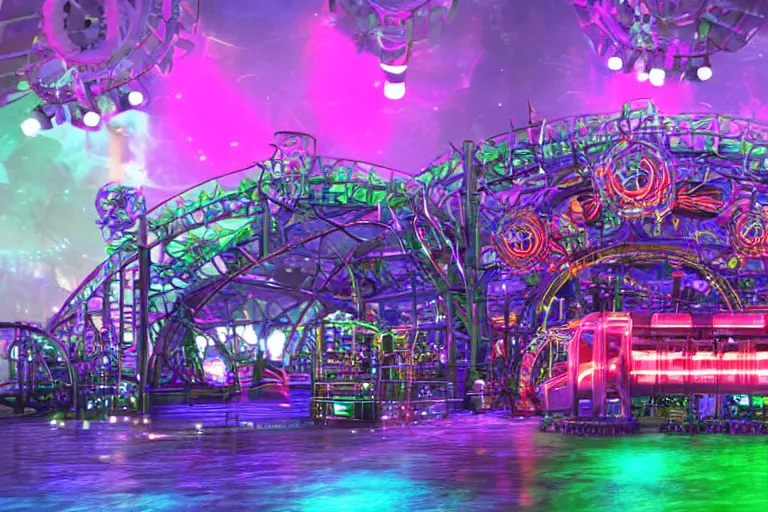 Image similar to an outdoor festival stage, big neon letters tripmachine, center of the stage is a big futuristic steampunk generator with gears and tubes, a rollercoaster wtih steamtrain over the stage, rock musicians on the stage, laser show, 8 k, fluorescent colors, halluzinogenic, multicolored, exaggerated detailed, unreal engine