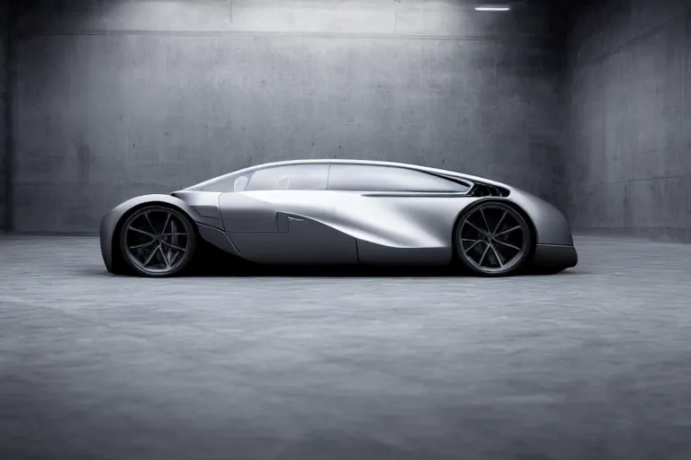 Prompt: A futuristic supercar made of a slick grey scaled metal, professional garage photograph.