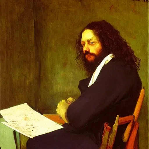 Image similar to a painter sits pensively selling his paintings. created by gustave courbet.