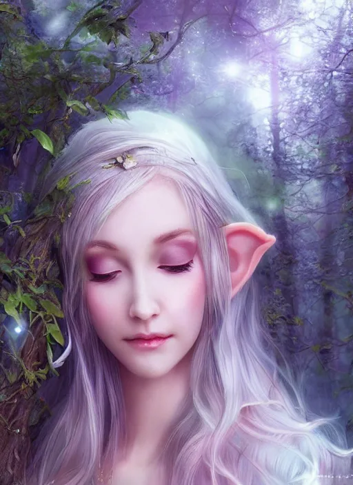 Prompt: beatiful ethereal elf princess in an enchanted forest, focus on the face and eyes, 3/4 side view, hair jewellery, fully clothed, light mist, light rays sieving through the trees, shallow depth of field, coherent composition, by Yuumei, by Artgerm, by WLOP