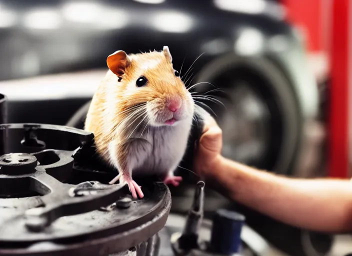 Image similar to film still of a hamster working as a mechanic in an auto shop, 8 k