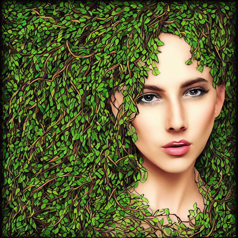 Image similar to “portrait of a beautiful woman made out of vines, digital art, 4k”