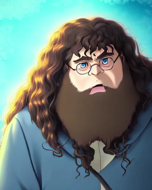 Image similar to Hagrid in cute anime style, Harry Potter movie style, detailed realistic beautiful, smooth, artistic, high quality, in style of Ghibli, artstation, CGI