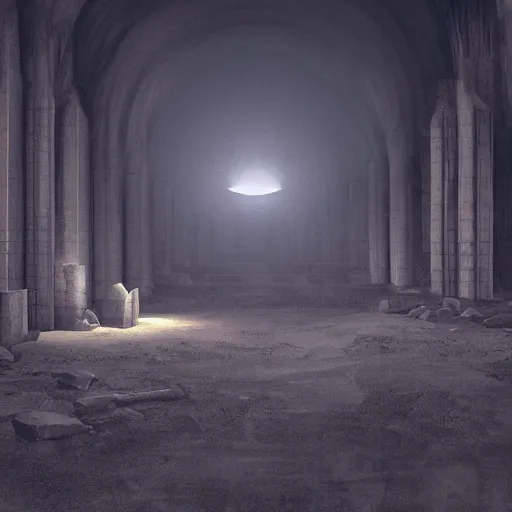 Prompt: underground cavernous necropolis with a lone beam of light illuminating it, digital painting, cinematic lighting, photorealistic