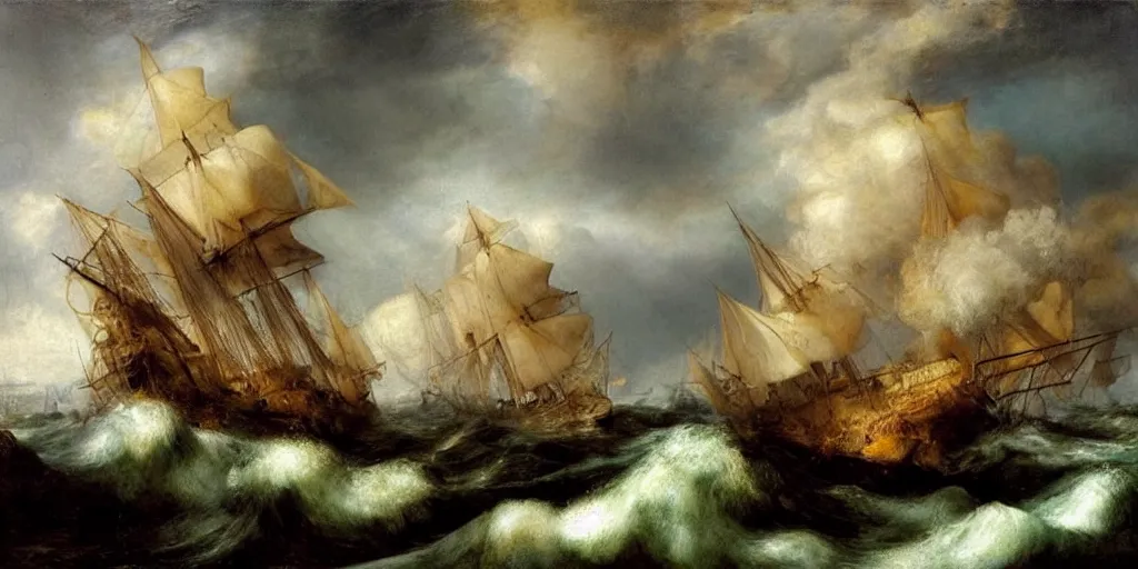 Prompt: kraken!!!!!!!!!!!!! tentacles!!!!!!!!!!! stormy sea!!!!!!! steamship boat dramatic clouds painting turner rembrandt