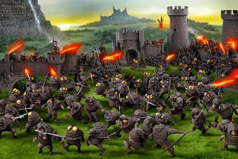 Image similar to diorama of minions fighting orcs in the battle of helm's deep, giant castle walls, realistic, 4 k, detailed