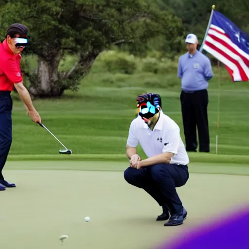 Prompt: xi jingping hits a putt while joe biden tends the flag