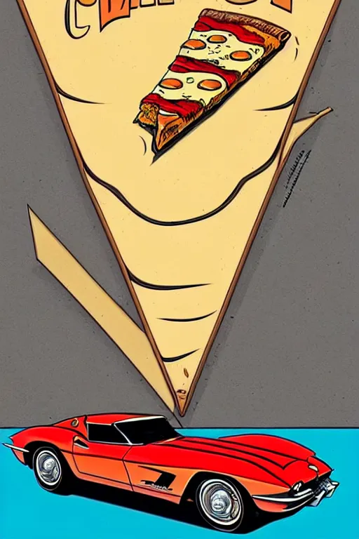 Prompt: comic cover art of a ( ( hot and melty ) ) ( ( slice of pizza ) ) floating above a ( ( 1 9 6 3 corvette stingray ) ), by jenny frison and sana takeda, intricate details, stunning inking lines, flat colors, 4 k, hd, artstation